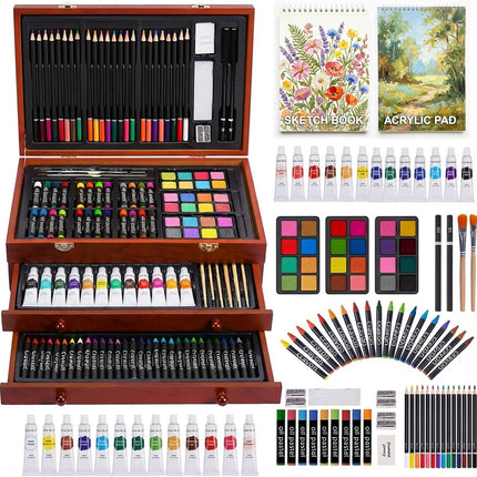 TMOL Art Supplies, 175-Pack Deluxe Art Set Drawing Painting Kit with 2 Drawing Pads, Acrylic Paints, Colored Pencils, Crayons, Art Kit in Wooden Case, Gift for Artist, Adults, Teens and Kids - Cherry