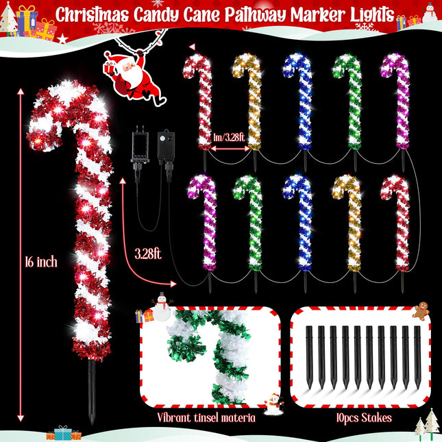 Enhon 10 Pack Christmas Candy Cane Lights with Stakes, Tinsel Christmas Candy Cane Pathway Markers Lights with 5 Modes Sync Music & Timer for Xmas Walkway Yard Lawn Outdoor Decorations(Multicolor)