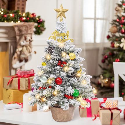 24 in Tabletop Mini Christmas Tree Set, Small Snow Flocked Prelit Christmas Tree with Warm LED Lights, Star Treetopper, Plastic Pine Cones, Berrys and Hanging Ornaments for DIY Christmas Decorations