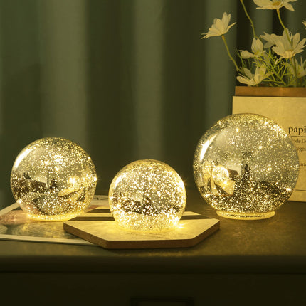 Lighted Mercury Glass Ball Table Lamp, Silver Cordless Glass Orb Christmas Decor Ball Led Light Globe, Modern Light Up Battery Operated Sphere Glass Night Light for Home Bedroom Indoor Decor, Middle