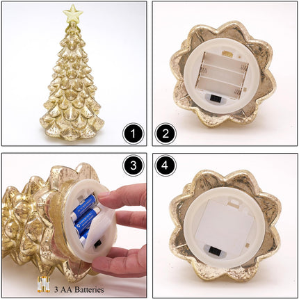 Mercury Glass Christmas Tree 11 Inches Battery Operated Timer Lighted Gold Xmas Star Trees Decorations Table Top Centerpiece Mantel Window Home Decor
