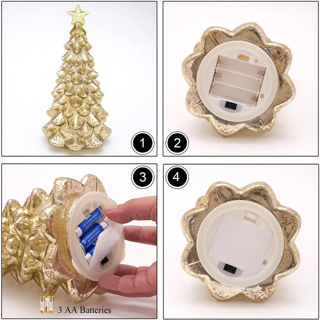 Mercury Glass Christmas Tree 11 Inches Battery Operated Timer Lighted Gold Xmas Star Trees Decorations Table Top Centerpiece Mantel Window Home Decor