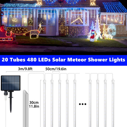 iBaycon Solar Meteor Shower Rain Lights, 11.8 inches 20 Tubes 480 LED Cascading LED Icicle Lights, Waterproof Solar Icecycle Falling Raindrop Lights for Holiday Party Wedding Christmas Decorations