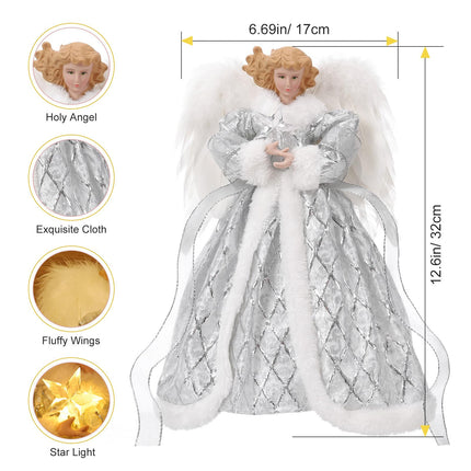 Lewondr Christmas Tree Topper Angel, 12'' Angel Tree Topper with 8 Lights, Remote & USB Operated Angel Treetop Figurine with Wings, 6H Timer Xmas Tree Decor for Holiday Home Ornament, Silver