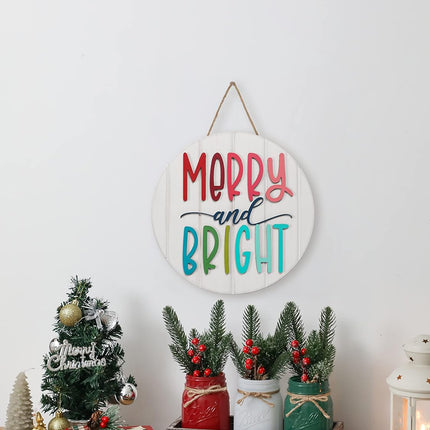 3D Christmas Merry and Bright Ornament Door Hanger Farmhouse Style Christmas Front Door Sign Christmas Decor Wooden Wreath (MERRY&BRIGHT)