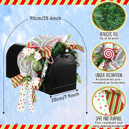 35 Inches Christmas Mailbox Swag Artificial Candy Green Red Dot Christmas Swag Wreath with Pine Needles Pinecones Berries and Bow Front Door Hanging Decoration for Xmas Fireplace
