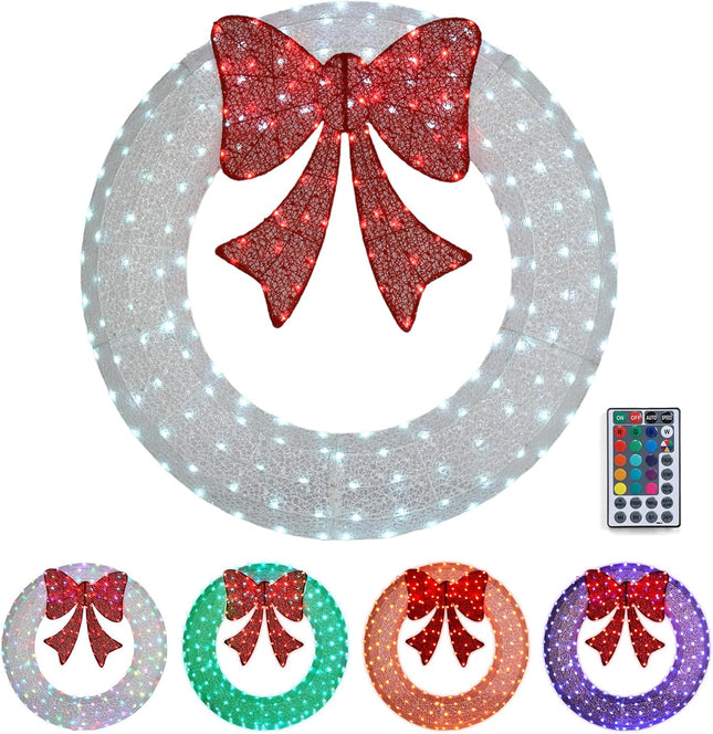 VINGLI 48 Inch Pre-lit Large Christmas Wreath with 224 LED Multi-Color Lights, Christmas Door Wreath for Garage, Outdoor Christmas Wreath with Red Bow, Timer Remote Control, Plug-in, White
