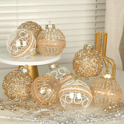 9 Pcs 80mm/3.15" Christmas Ball Ornaments Set, Large Clear Champagne Christmas Tree Decorations Plastic Shatterproof Hanging Balls for Xmas Glitter Farmhouse Boho Ornaments for Holiday Wedding Party