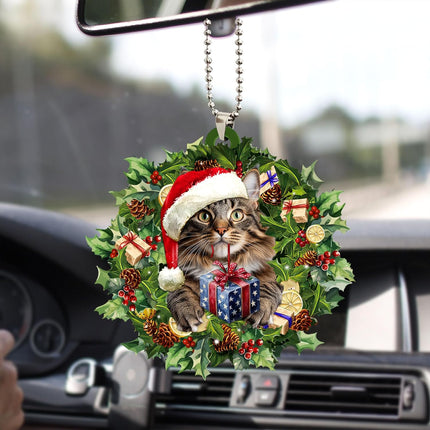 Talataca Maine Coon Cat 2D Flat Christmas Ornament, Gato Maine Coon Wearing A Christmas Hat Wreath Pine Tree Decor, Hanging House Charm Eve Keepsake, Car Rear View Mirror Accessories, Xmas