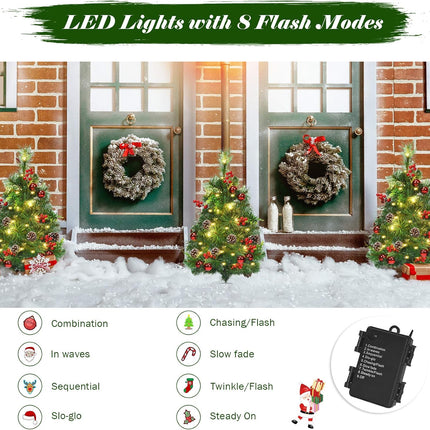 24 Inch Pathway Christmas Tree Set of 2, Battery-Powered Mini Christmas Tree w/ 30 LED Lights, 8 Flashing Modes, Berries, Pine Cones & Ornaments, Pre-lit Xmas Tree for Lawn, Yard