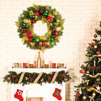 18 Inch Pre-Lit Artificial Christmas Wreath with 40 Lights, Red and Green Christmas Ball for Front Door Indoor Outdoor Farmhouse Festival Home Décor