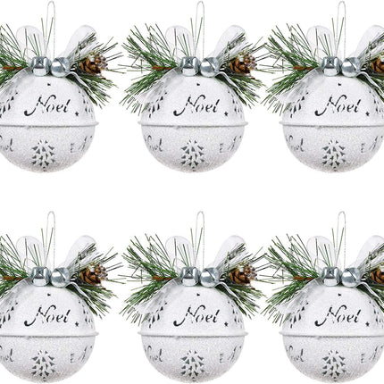 DearHouse 6 Pcs Big Christmas Jingle Bells, 3.4 Inch White Glitter Christmas Metal Sleigh Bells Rustic Craft Bells for Christmas Tree Wreath Garland Ornaments Holiday DIY Decorations