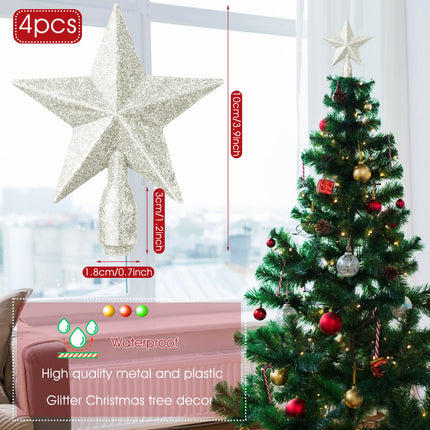 4 Pcs 4 Inches Glitter Star Christmas Tree Topper Mini Christmas Star Tree Toppers Decorative Small Christmas Tree Decoration Treetop for Holiday Ornament Home Decor (White)