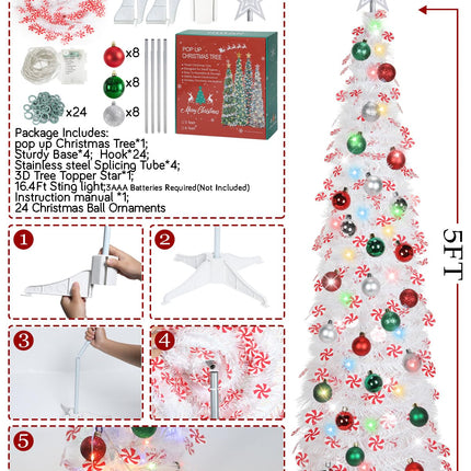 HMASYO 5 FT Pop Up Candy Cane Christmas Tree with Timer Lights and Decorations, Tinsel Christmas Tree with Candy and 24 Balls Ornament, Collapsible Pencil Tree Xmas Decoration for Home, Office, Party
