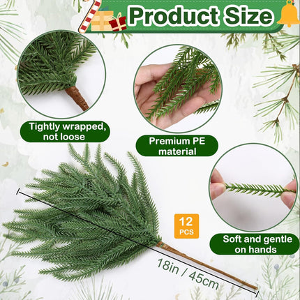Alynsehom 12PCS Christmas Norfolk Pine Branches, 18in Real Touch Artificial Norfolk Pine Greenery Stems Faux Cedar Pine Needles for Garland Wreath Crafts DIY Indoor Outdoor Home Xmas Decor