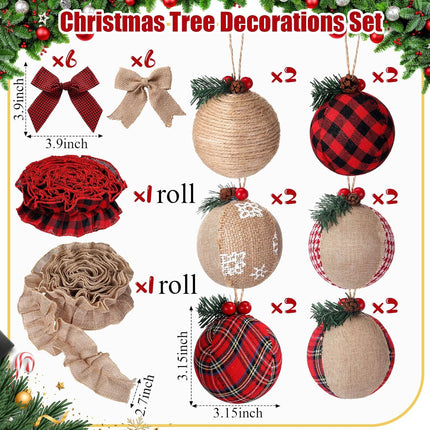 Aoriher 26 Pcs Burlap Christmas Ball Ornaments Rustic Farmhouse Christmas Tree Ornaments Decoration Hanging Buffalo Plaid Ornament Burlap Garland for Xmas Christmas Holiday Party (Red Black Plaid)