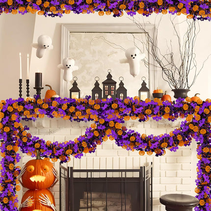 Halloween Decorations, 33 Ft Halloween Tinsel Garland Twist Shiny Metallic Halloween Garland with Orange Pumpkin Black Spider Purple Bat for Home Tree Party Indoor Outdoor Decorations
