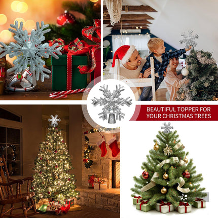 Christmas Tree Topper Lighted with Silver Snowflake Projector, Led Rotating Magic Snowflake, 3D Hollow Glitter Lighted Silver Snow Tree Topper for Christmas Tree Decorations Ornament for Indoor