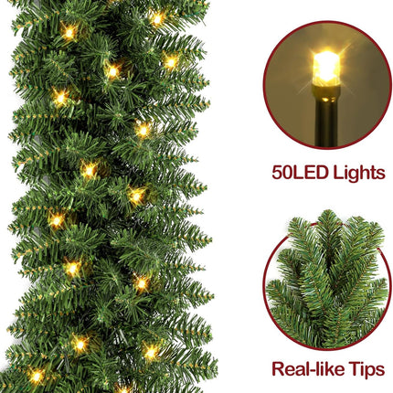 9FT Prelit Christmas Garland Artificial Pine Garland Decoration 50LED Battery Operated Warm Lights and Timer Xmas Garlands Decor Indoor Outdoor (1)
