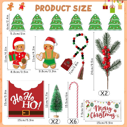 23 Pcs Christmas Tiered Tray Decorations, Gnome Plush 12oz Red Joy Mug Gingerbread Man Xmas Tree Bead Garland Candy Cane Merry Christmas Wooden Tray Signs for Xmas Farmhouse Home Table Decoration