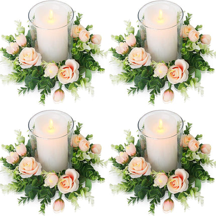 4 Pcs Artificial Rose Candle Rings - Floral Wreaths with Eucalyptus Leaves Greenery Garland for Pillar Candle Lantern Wedding Centerpiece Party Home Table Decor(Champagne)
