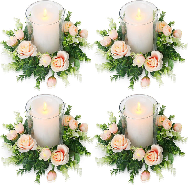 4 Pcs Artificial Rose Candle Rings - Floral Wreaths with Eucalyptus Leaves Greenery Garland for Pillar Candle Lantern Wedding Centerpiece Party Home Table Decor(Champagne)