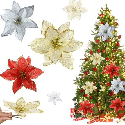 Waydress 36 Pieces Poinsettia Artificial Christmas Flowers for Christmas Tree Glitter Poinsettia Wedding Flowers with Clips for Christmas Wreath Decorations Party Floral Supplies