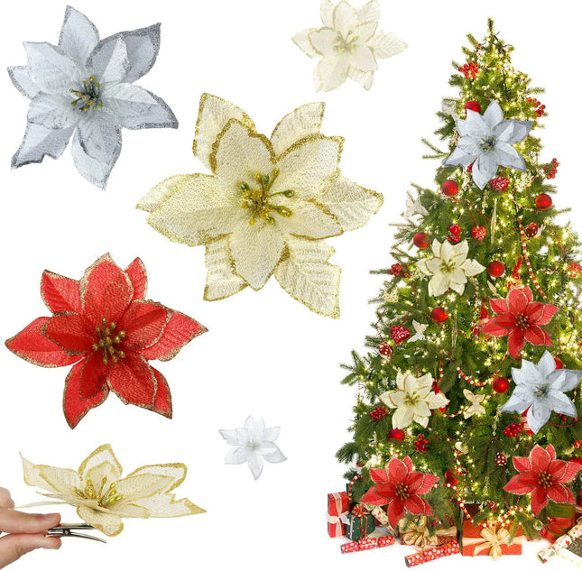 Waydress 36 Pieces Poinsettia Artificial Christmas Flowers for Christmas Tree Glitter Poinsettia Wedding Flowers with Clips for Christmas Wreath Decorations Party Floral Supplies