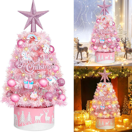 Tabletop Christmas Tree 24-inch Mini Christmas Tree with LED String Lights, Star Treetop, Hanging Ornaments, Tabletop Small Xmas Tree for Holiday Indoor DIY Christmas Decor Pink