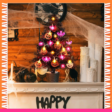 20 Inch Small Halloween Tree Mini Artificial Spooky Black Tree Glittered with LED Orange Pumpkin Purple Bat Lights, Battery Powered Tree for Halloween Indoor Room Tabletop Decoration