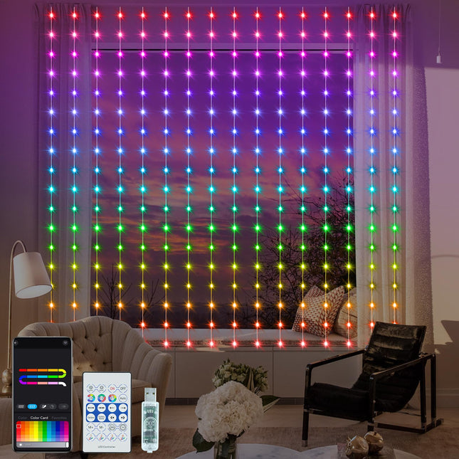 Smart Curtain Lights RGB 5050 Built in Chip, Color Changing Curtain Lights with Music Sync APP Remote Control, 8Ft x 6Ft 144LED USB Curtain Fairy String Lights for Party Patio Garden Decor