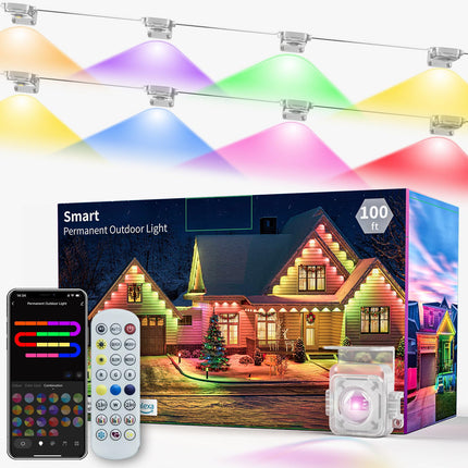 Smart Permanent Outdoor Lights for House, 100ft RGB+IC Permanent Christmas Lights Outdoor, IP67 Waterproof with DIY Scene for Christmas Halloween All Holiday Decor, Work with Alexa, Google Assistant