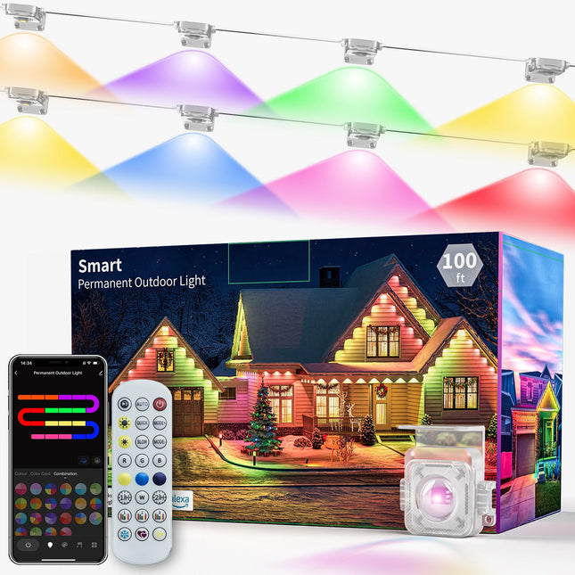 Smart Permanent Outdoor Lights for House, 100ft RGB+IC Permanent Christmas Lights Outdoor, IP67 Waterproof with DIY Scene for Christmas Halloween All Holiday Decor, Work with Alexa, Google Assistant