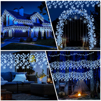 Retisee 600 LED 49.21ft Christmas Snowflake Solar Icicle Lights Outdoor Decoration Waterproof Cold White Light Fairy String LED Light with 96 Drops 8 Lighting Modes with Timer Memory Winter Holiday