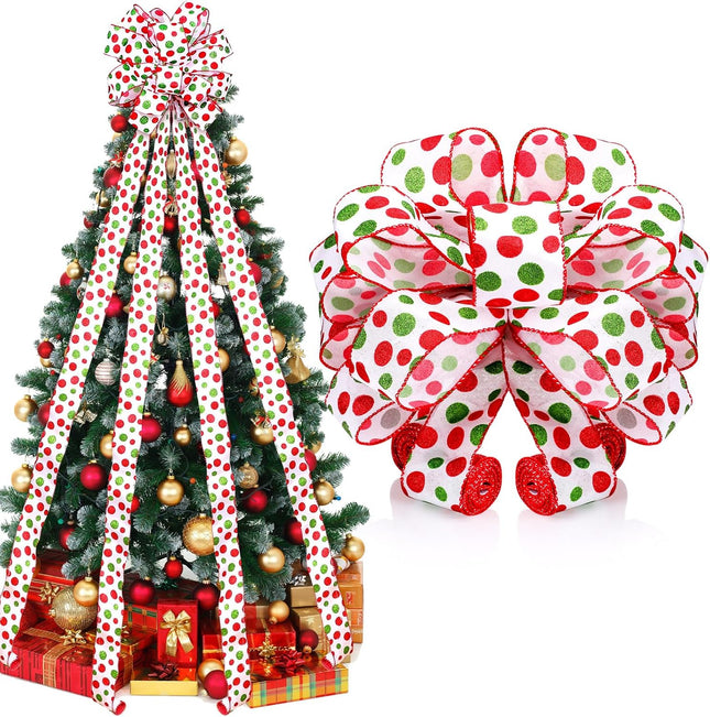 Redbaker 9 ft Christmas Tree Topper Bow Wreath Christmas Elf Topper Bows Lime Green Red White Tree Topper Bows Glitter Christmas Whimsical Wreath for Tree Indoor Outdoor Christmas Decoration(White)