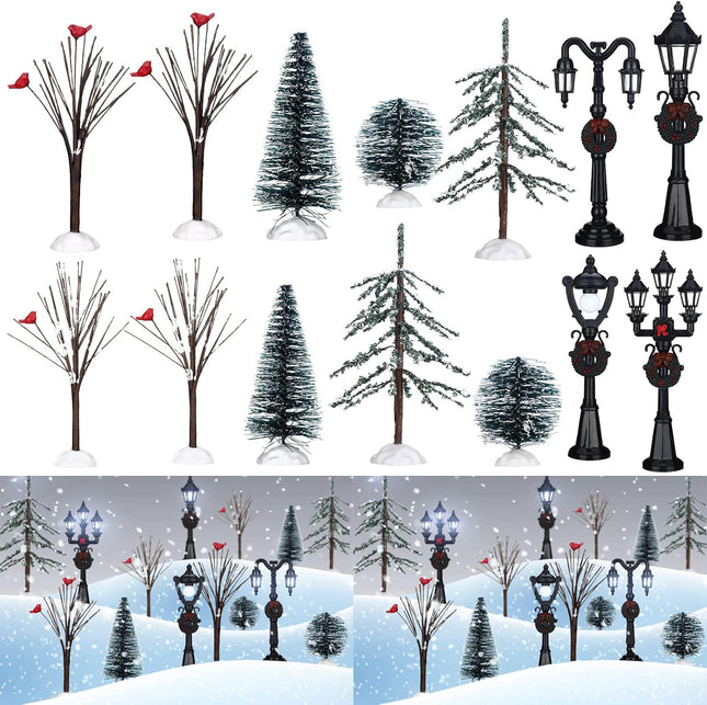 14 Pcs Christmas Accessories Village Figurine Miniature Pine Trees Snow Artificial Christmas Trees Bare Branch Trees Street Lights Lamps for Xmas DIY Crafts Winter Room Landscape (Vivid Style)