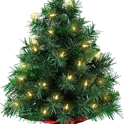 Tabletop Mini Christmas Tree 22 Inch - Mini Artificial Christmas Tree with 35 Warm White Lights, 75 Branch Tips & Red Cloth Bag Base, Perfect DIY Christmas Decorations, Green