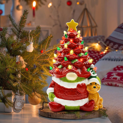 Hexagram Lighted Ceramic Christmas Tree, Christmas Decorations Indoor Red Gnome Mantle Table Decor Christmas Centerpiece, Christmas Decor for Bedroom Living Room Gnome s for Kids Women