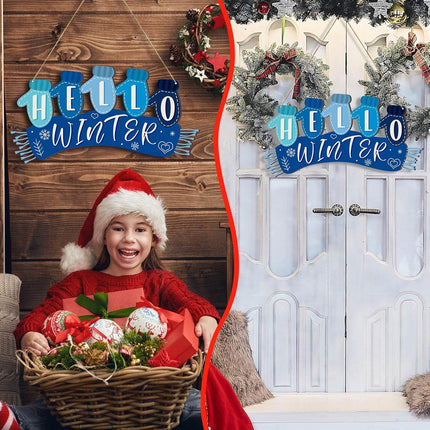 Christmas Hello Winter Gloves Hanging Sign Navy Blue Scarf Hello Winter Wooden Door Sign Hanging Plaque Rustic Wall Sign Wall Decor for Yard Indoor Outdoor Garden Decor with Rope