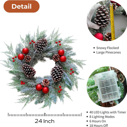 Christmas Wreath with Lights 24 Inch PreLit Christmas Wreaths for Front Door with Large Pinecones and Snowy Flocked, Battery Operated 40 LED Lights, Holiday Decoration for Fireplace Xmas Decor