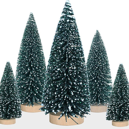 5Pcs Mini Christmas Tree Decor Artificial Christmas Tree 4 Sizes with Wooden Base Glitter Powder for Christmas Decor Christmas Party Home Table Craft Decorations