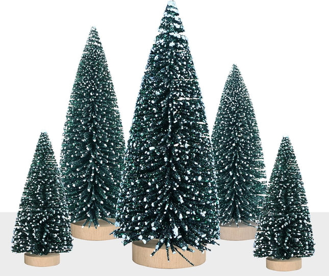 5Pcs Mini Christmas Tree Decor Artificial Christmas Tree 4 Sizes with Wooden Base Glitter Powder for Christmas Decor Christmas Party Home Table Craft Decorations