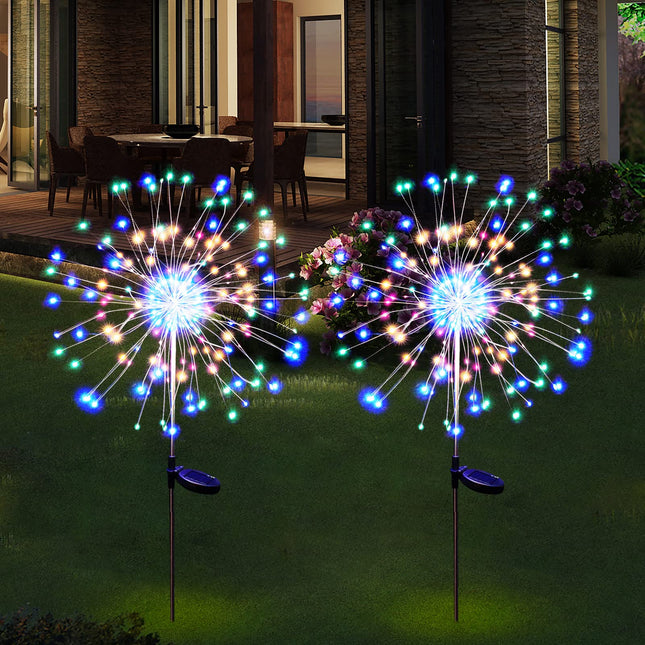 Christmas Solar Garden Firework Lights Outdoor Waterproof, 2 Pack Solar Powered Art Stake Twinkle Lighting for Outside Decor, 150 LED Sparklers String Lights for Yard Party Decorations(Colorful)