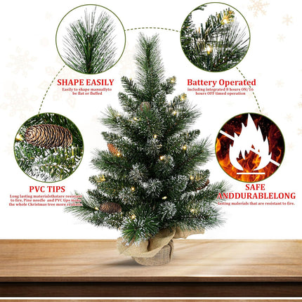 Pre-lit Artificial Mini Christmas Tree, 2ft Snow Tipped Pine Artificial Christmas Tree, Includes 30 Led Warm Lights, Seasonal Indoor Home Decor with Decorative Burlap Base