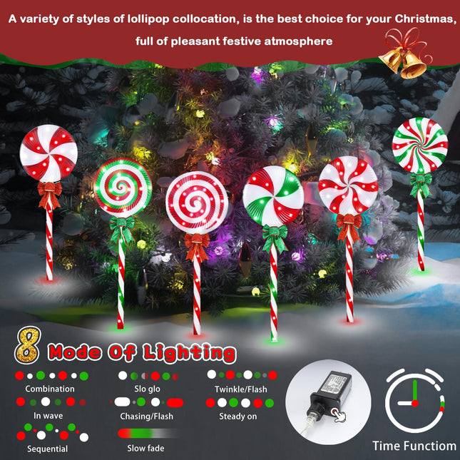 Lollipop Christmas Pathway Lights Outdoor, 28 Inch 8 Light Modes Pathway Christmas Lights with Bow, Waterpoor Outdoor Candy Cane Pathway Lights, Xmas Decoration for Walkway, Yard(6PCS-Multicolor)