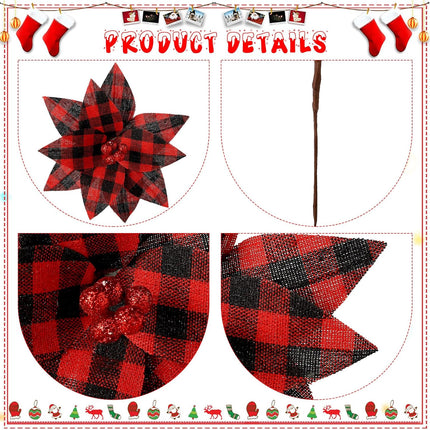 MTLEE 20 Pieces Buffalo Plaid Poinsettias Christmas Tree Ornaments Artificial Christmas Flowers Christmas Poinsettias for Rustic Christmas Tree Wreaths Garland Holiday Decorations (Black and Red)