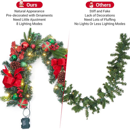 6ft Christmas Garland with Lights, Prelit Outdoor Christmas Garland with 20 LED Lights Red Green Ball Ornaments Pinecones and Ribbon Bow for Indooor Mantle Fireplace Staircase Decorations