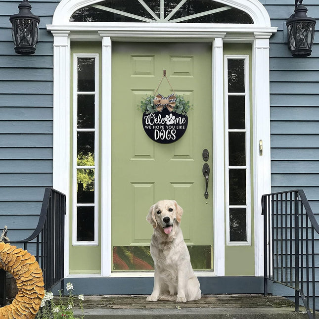 Welcome We Hope You Like Dogs Farmhouse Door Sign for Front Door Porch Decor with Eucalyptus Leaves & Buffalo Bow - Welcome Wreath Sign Hanging for Dogs Lovers Spring Summer Decor Housewarming