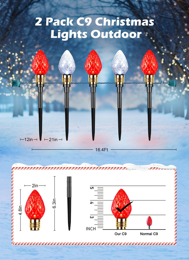 Brightown 2 Pack Strawberry C9 Christmas Pathway Lights Outdoor - Total 34.8 Feet 20 LED Christmas Walkway Lights, Christmas Lights Outdoor Decorations for Yard Lawn Holiday Outside, Red and White