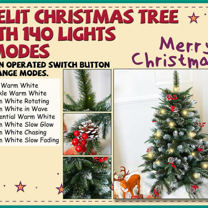 4ft Christmas Tree Prelit 4 feet Christmas Tree with Lights Fluffy 272 PVC PE Pine Needle, 18 Pinecones, 18 Berries, 140 Warm White Lights Bring Holiday Touch Full & Realistic Thin Shinny Snow